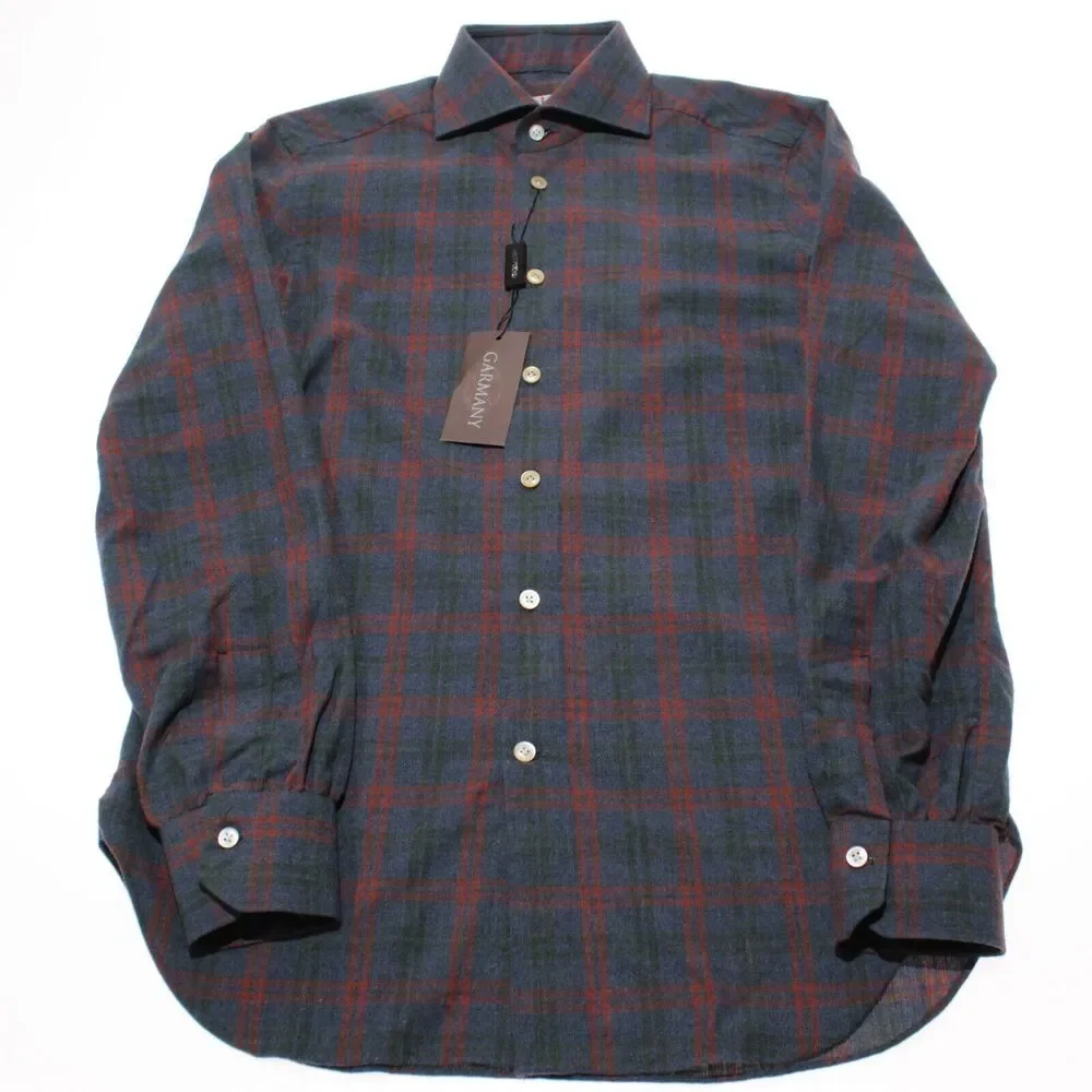 Kiton NWOT Dress Shirt Size 15 / 38 In Blue, Red, & Green Check 100% Cotton - Picture 3 of 12